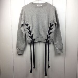 Storets Gray Sweatshirt Cropped Top Black Lace-Up Side, Size - Small